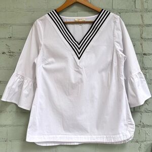 White V-neck Blouse with Black Striped Trim